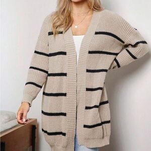 Beige and Black Striped Cardigan